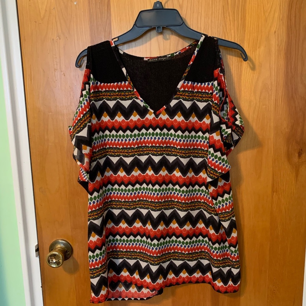 Multicolored Patterned Cold Shoulder Top